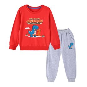 Baby Boy Cartoon Dinosaur Print Pattern Hoodie Combo Trousers Cotton 1 Pieces Sets (Color: Ivory, Size/Age: 120 (5-7Y))