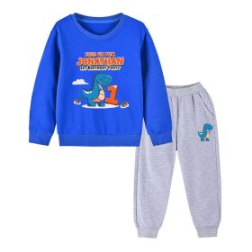 Baby Boy Cartoon Dinosaur Print Pattern Hoodie Combo Trousers Cotton 1 Pieces Sets (Color: Light Blue, Size/Age: 130 (7-8Y))