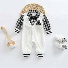 Baby Boy Plaid Patchwork Pattern Bear Embroidered Jumpsuit (Color: White, Size/Age: 90 (12-24M))
