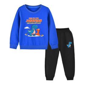 Baby Boy Cartoon Dinosaur Print Pattern Hoodie Combo Trousers Cotton 1 Pieces Sets (Color: Blue, Size/Age: 150 (10-12Y))