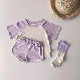 Baby Boys And Girls Color Patchwork Design Round Neck Short-Sleeved Top Combo Shorts Summer Cotton Sets (Color: purple, Size/Age: 110 (3-5Y))