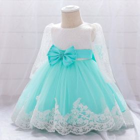 Baby Girl Bow Patched Design Long Sleeves Full Moon Christening Mesh Formal Dress (Color: green, Size/Age: 90 (12-24M))