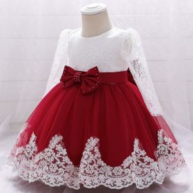 Baby Girl Bow Patched Design Long Sleeves Full Moon Christening Mesh Formal Dress (Color: Wine, Size/Age: 90 (12-24M))