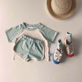 Baby Boys And Girls Color Patchwork Design Round Neck Short-Sleeved Top Combo Shorts Summer Cotton Sets (Color: Blue, Size/Age: 110 (3-5Y))