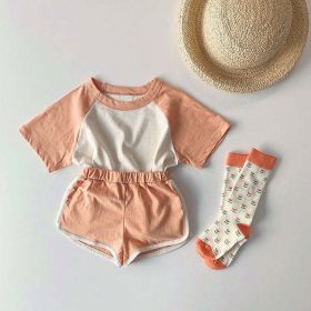 Baby Boys And Girls Color Patchwork Design Round Neck Short-Sleeved Top Combo Shorts Summer Cotton Sets (Color: orange, Size/Age: 100 (2-3Y))