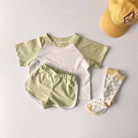 Baby Boys And Girls Color Patchwork Design Round Neck Short-Sleeved Top Combo Shorts Summer Cotton Sets (Color: green, Size/Age: 110 (3-5Y))