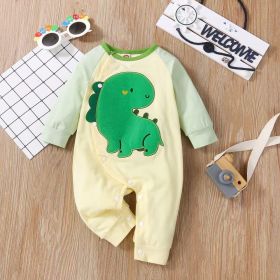 Baby Boy Cartoon Dinosaur Embroidered Pattern Contrast Design Side Button Rompers (Color: green, Size/Age: 80 (9-12M))