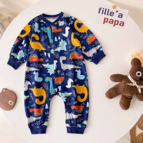 Baby Boy Cartoon Animals Graphic Snap Button Front Design Long Sleeved Romper Jumpsuit (Color: navy blue, Size/Age: 66 (3-6M))