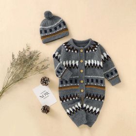 Baby Embroidered Pattern Contrast Design Vintage Style Warm Knitting Romper With Hat (Color: Grey, Size/Age: 80 (9-12M))