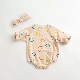 Baby Girl Smiley Print Pattern Long-Sleeve Design Round Collar Onesies (Color: Beige, Size/Age: 73 (6-9M))