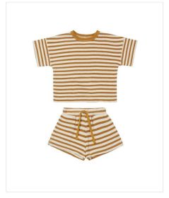 Baby Striped Pattern Color Matching Design Round Collar Short-Sleeved Top Combo Shorts Soft Sets (Color: yellow, Size/Age: 90 (12-24M))