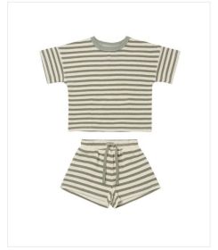 Baby Striped Pattern Color Matching Design Round Collar Short-Sleeved Top Combo Shorts Soft Sets (Color: Grey, Size/Age: 90 (12-24M))