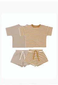 Baby Striped Pattern Color Matching Design Round Collar Short-Sleeved Top Combo Shorts Soft Sets (Color: Khaki, Size/Age: 80 (9-12M))