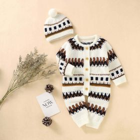 Baby Embroidered Pattern Contrast Design Vintage Style Warm Knitting Romper With Hat (Color: White, Size/Age: 90 (12-24M))