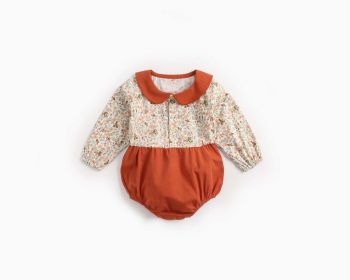 Baby Girl Floral Print Pattern Color Blocking Design Long Sleeve Round Neck Onesies (Color: Red, Size/Age: 90 (12-24M))