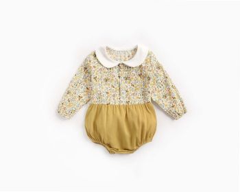 Baby Girl Floral Print Pattern Color Blocking Design Long Sleeve Round Neck Onesies (Color: yellow, Size/Age: 73 (6-9M))