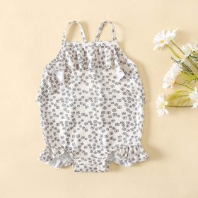 Baby Girl Floral Print Pattern Lace Design Sling Swimsuit Onesies In Summer (Color: Beige, Size/Age: 73 (6-9M))