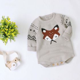 Baby Cartoon Fox Graphic Long Sleeves Triangle Knitted Romper Jumpsuit In Autumn (Color: Grey, Size/Age: 90 (12-24M))