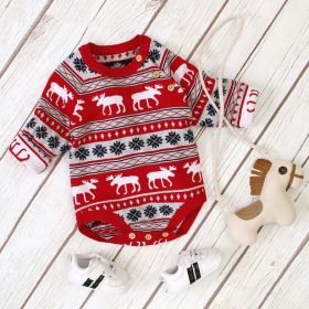 Baby Christmas Deer Pattern Shoulder Button Design Long Sleeved Onesies (Color: Red, Size/Age: 90 (12-24M))