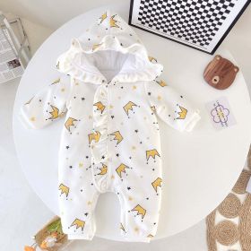Baby Cartton Pattern Ruffle Design Button Front Fleece Thickened Romper (Color: White, Size/Age: 80 (9-12M))