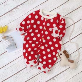 Baby Boy And Girl 1pcs Polka Dot Pattern Button Front Knitted Rompers (Color: Red, Size/Age: 73 (6-9M))
