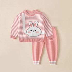 Baby Cartoon Bunny & Striped Graphic Pullover Sweater Combo Trousers 2 Pieces Sets (Color: pink, Size/Age: 90 (12-24M))