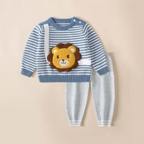Baby Cartoon Bunny & Striped Graphic Pullover Sweater Combo Trousers 2 Pieces Sets (Color: Blue, Size/Age: 90 (12-24M))
