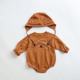 Baby 1pcs Cartoon Print Pattern Long Sleeved Cotton Triangle Onesies With Hat (Color: brown, Size/Age: 73 (6-9M))
