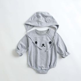 Baby 1pcs Cartoon Print Pattern Long Sleeved Cotton Triangle Onesies With Hat (Color: Grey, Size/Age: 80 (9-12M))