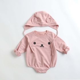 Baby 1pcs Cartoon Print Pattern Long Sleeved Cotton Triangle Onesies With Hat (Color: pink, Size/Age: 73 (6-9M))