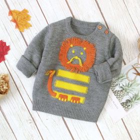 Baby Cartton Lion Emroidered Pattern Pullover Sweater (Color: Grey, Size/Age: 90 (12-24M))