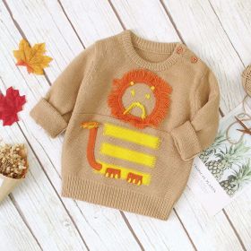 Baby Cartton Lion Emroidered Pattern Pullover Sweater (Color: brown, Size/Age: 90 (12-24M))