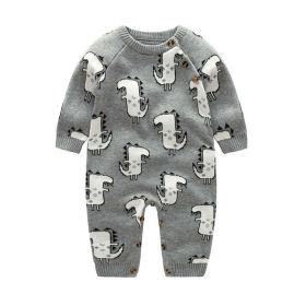 Baby Dinosaur & Pineapple Pattern Shoulder Button Design Knitting Romper Jumpsuit (Color: Grey, Size/Age: 73 (6-9M))