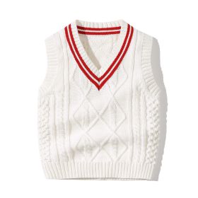 Baby Crochet Knitting Pattern Striped V-Neck Design College Style Sleeveless Vest Sweater (Color: White, Size/Age: 90 (12-24M))