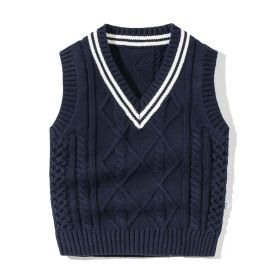 Baby Crochet Knitting Pattern Striped V-Neck Design College Style Sleeveless Vest Sweater (Color: navy blue, Size/Age: 73 (6-9M))