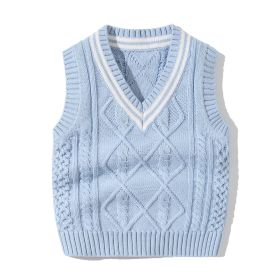 Baby Crochet Knitting Pattern Striped V-Neck Design College Style Sleeveless Vest Sweater (Color: Blue, Size/Age: 73 (6-9M))