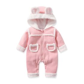Baby Cute Long Sleeve Design Solid Color Thicken Warm Rompers With Hat (Color: pink, Size/Age: 73 (6-9M))