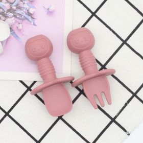 Baby Bear Pattern Complementary Food Training Lovely Silicone Spoon Fork Sets (Color: pink, Size/Age: Average Size (0-8Y))