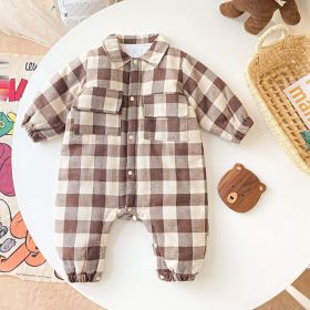Baby Boy Plaid Pattern Snap Button Front Long-sleeved Thick Rompers (Color: Coffee, Size/Age: 73 (6-9M))