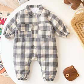 Baby Boy Plaid Pattern Snap Button Front Long-sleeved Thick Rompers (Color: Grey, Size/Age: 73 (6-9M))