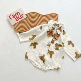 Baby Boy Solid Color & Bear Print Shirt Single Breasted Design Polo-Neck Onesies With Bow Tie (Color: White, Size/Age: 66 (3-6M))