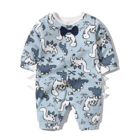 Baby Boy Dinosaur Pattern Bow Tie Patched Design Snap Button Romper Jumpsuit (Color: Blue, Size/Age: 90 (12-24M))