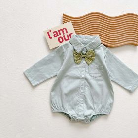 Baby Boy Solid Color & Bear Print Shirt Single Breasted Design Polo-Neck Onesies With Bow Tie (Color: green, Size/Age: 80 (9-12M))