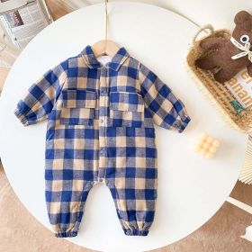 Baby Boy Plaid Pattern Snap Button Front Long-sleeved Thick Rompers (Color: Blue, Size/Age: 66 (3-6M))