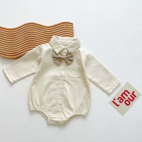 Baby Boy Solid Color & Bear Print Shirt Single Breasted Design Polo-Neck Onesies With Bow Tie (Color: Apricot, Size/Age: 100 (2-3Y))