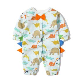 Baby Boy Dinosaur Pattern Bow Tie Patched Design Snap Button Romper Jumpsuit (Color: White, Size/Age: 80 (9-12M))
