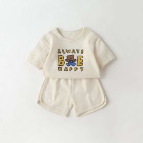 Baby Cartoon Bear & Slogan Pattern Waffle Fabric Tops Combo Solid Shorts 1-Piece Sets (Color: Beige, Size/Age: 73 (6-9M))