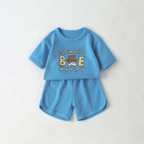 Baby Cartoon Bear & Slogan Pattern Waffle Fabric Tops Combo Solid Shorts 1-Piece Sets (Color: Blue, Size/Age: 100 (2-3Y))
