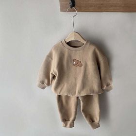 Baby Cartoon Bear Patched Graphic Hoodies Combo Solid Trousers Casual 2 Pieces Sets (Color: Coffee, Size/Age: 73 (6-9M))
