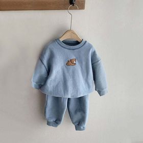 Baby Cartoon Bear Patched Graphic Hoodies Combo Solid Trousers Casual 2 Pieces Sets (Color: Blue, Size/Age: 80 (9-12M))